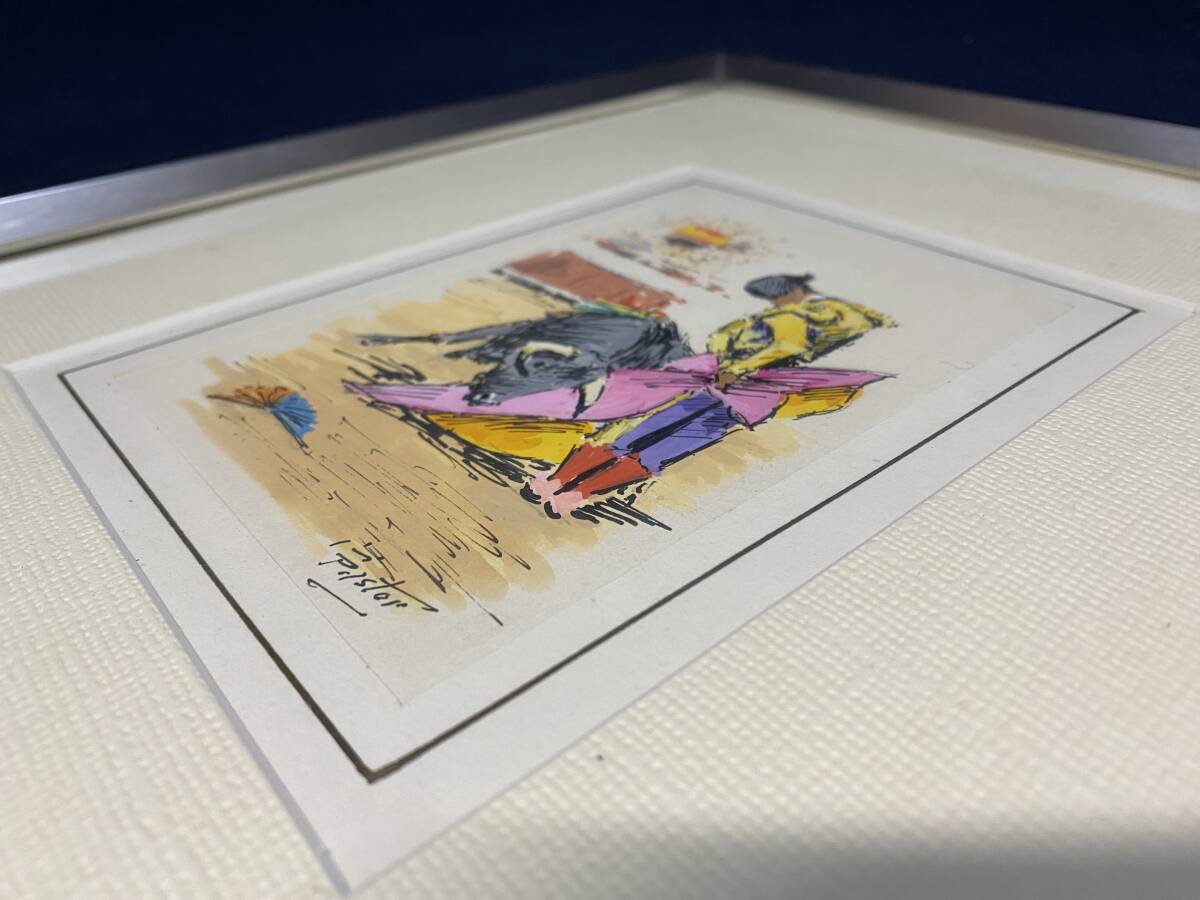 スペイン 闘牛士 絵畫(huà) 版畫(huà) 木版 MEDIA VERONICA HAND PAINTED 畫(huà) 動(dòng)物畫(huà) 水彩畫(huà) 手彩 古畫(huà) 硝子カバー付き額入り 珍品 美品 小さな絵 里書(shū)
