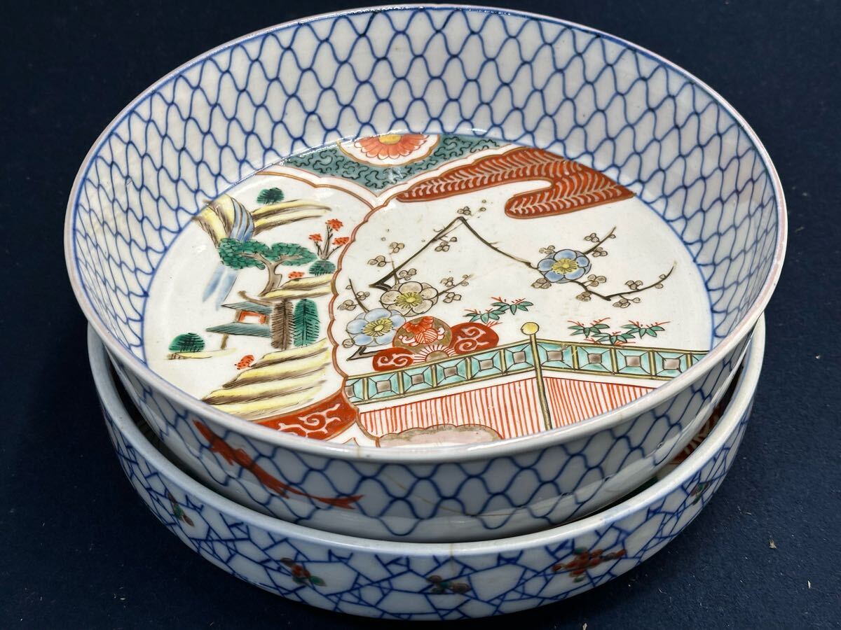伊万里焼 古伊万里 浅鉢/中鉢セット 網手金魚紋 金彩色絵 梅花 伊万里焼 古伊万里 浅鉢/中鉢セット 網手金魚紋 金彩色絵 梅花