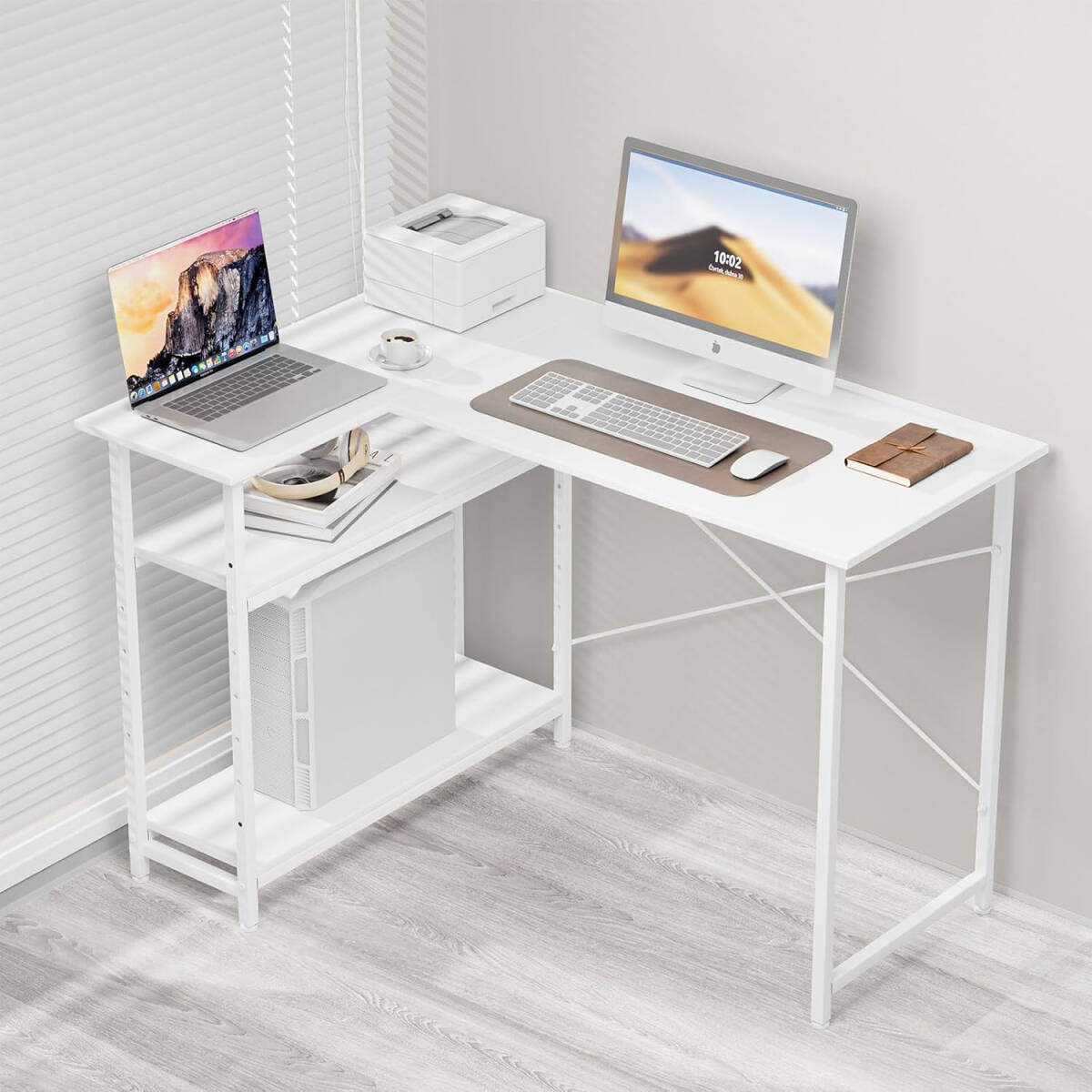 L字デスク ホワイト 110×75cm 左右入替え パソコンデスク PCデスク コーナーデスク 棚板高さ調(diào)節(jié)可能 機(jī) 在宅勤務(wù) 白色