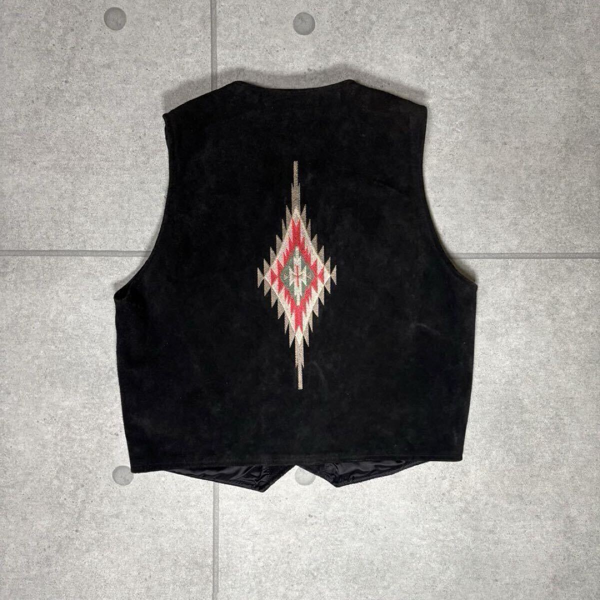レザーベスト 牛革 チマヨ 両面刺繍 90s カウボーイ ネイティブ オルテガ柄 レザーベスト牛革チマヨ両面刺繍90sカウボーイネイティブオルテガ柄