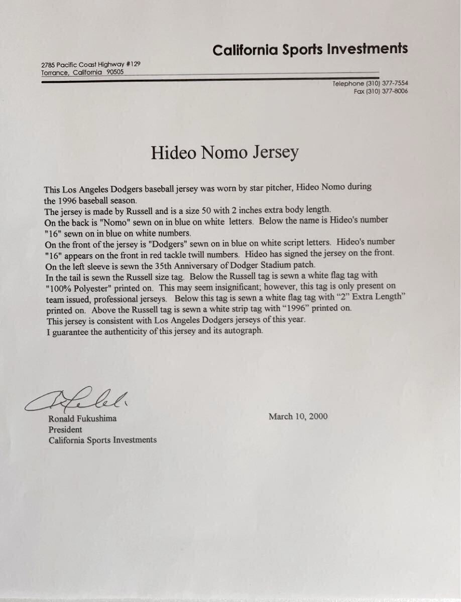 野茂英雄投手 1996年 L.A. Dodgers 実使用ユニフォーム サイン 野茂英雄投手 1996年 L.A. Dodgers 実使用ユニフォーム サイン