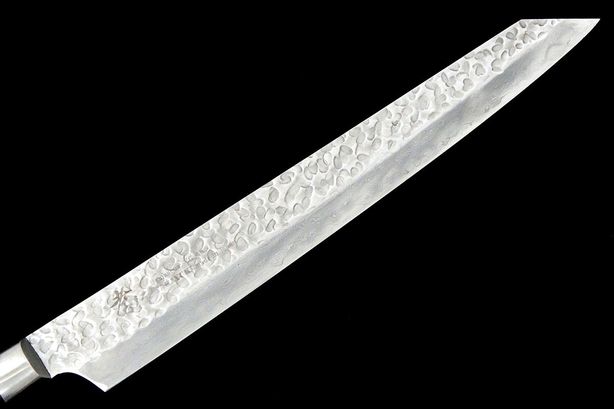 美品｜堺孝行 剣型筋引包丁 250mm 33層 VG10 ダマスカス鋼 鍔付き柄 箱付 KN02-A11383-2L2C