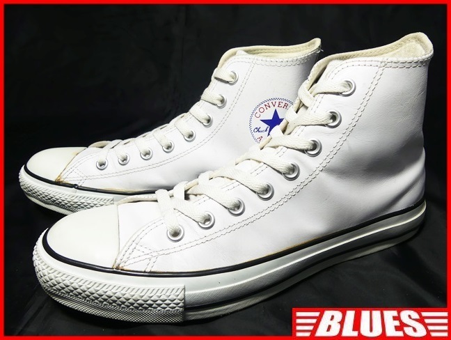 即決★CONVERSE★27cm レザーハイカットスニーカー コンバース メンズ 8.5 白 ホワイト 本皮 8ホールシューズ 本革 オールスター