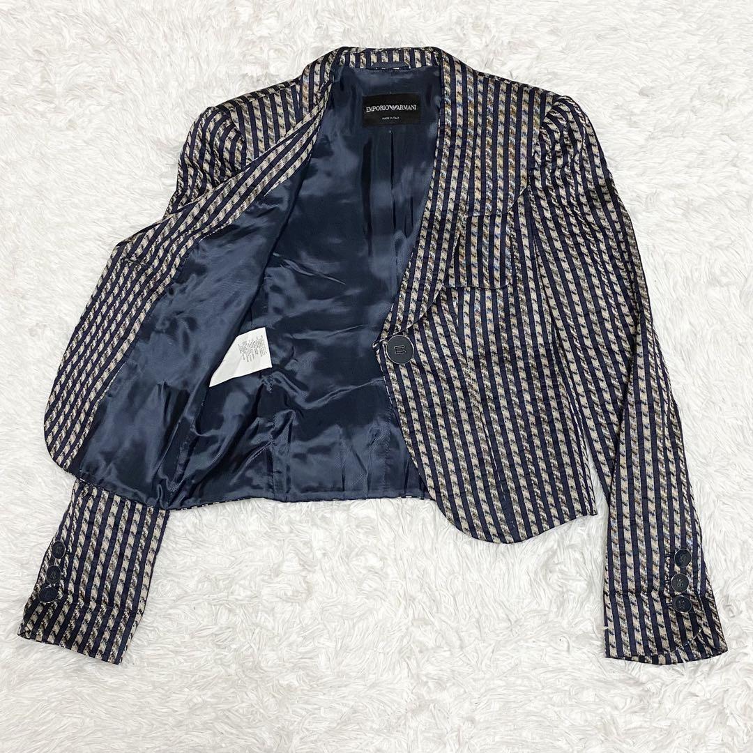 C61 EMPORIO ARMANI　エンポリオアルマーニ　テーラードジャケット　ネイビー系　36表記　S相當(dāng)　総柄　現(xiàn)行　黒タグ