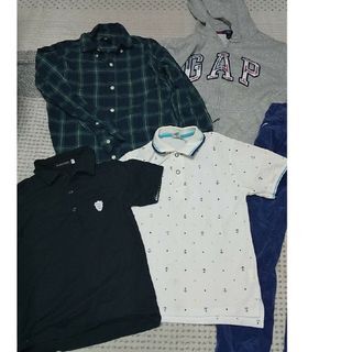 ④ 男の子用 服 140 ５點(diǎn)セット まとめ　GAP　BeBe　グリーンチェック柄　イカリ柄　半袖　フード付きジップアップ上著　青系ズボン