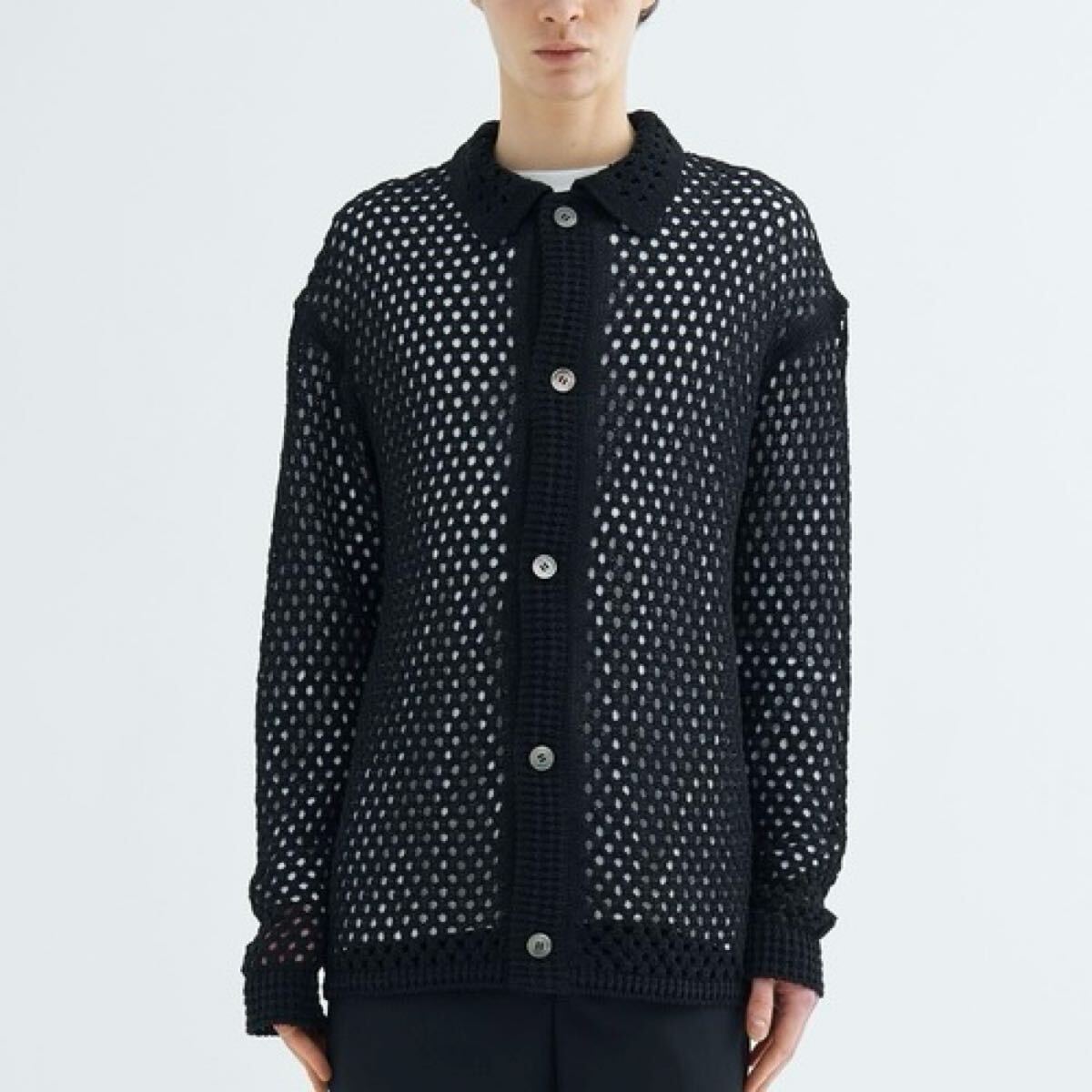 M 美品 LiNoH リノー クロシェ メッシュ ポロニット カーディガン ブラック CROCHET MESH KNIT CARDIGAN_画像1