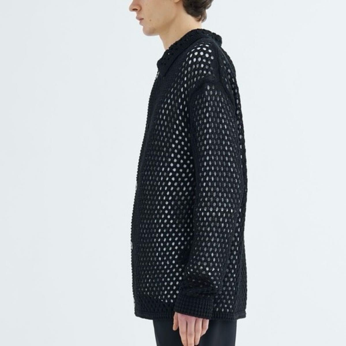 M 美品 LiNoH リノー クロシェ メッシュ ポロニット カーディガン ブラック CROCHET MESH KNIT CARDIGAN_画像4