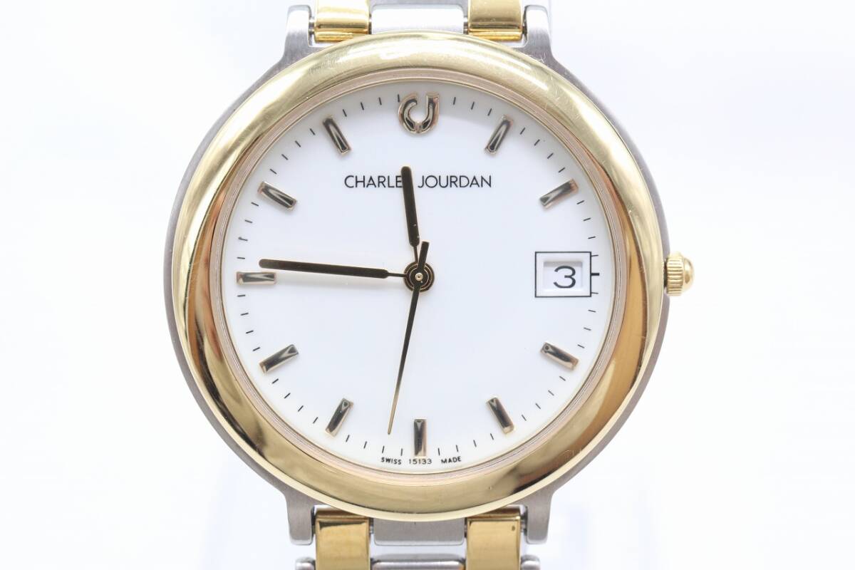 【W(wǎng)217-210】動(dòng)作品 電池交換済 CHARLES JOURDAN シャルルジョルダン SWISS MADE デイト 腕時(shí)計(jì) メンズ【送料全國(guó)一律185円】