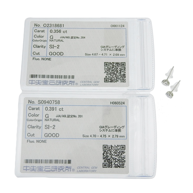 Gカラー/SI2/Good/0.391ct/0.356ct天然ダイヤモンドピアス Pt900 仕上済 両耳用 キャッチ式 1粒ダイヤ プラチナ 地金0.3g 中古 送料無料
