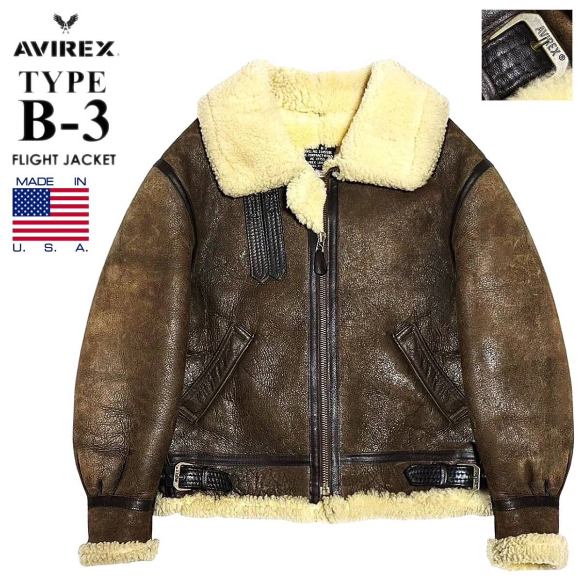 希少 定23.7萬(wàn) USA制 極暖 AVIREX アヴィレックス TYPE B-3 リアルムートン フライトジャケット 38/M~L ビッグサイズ 羊革 ボマー ブルゾン