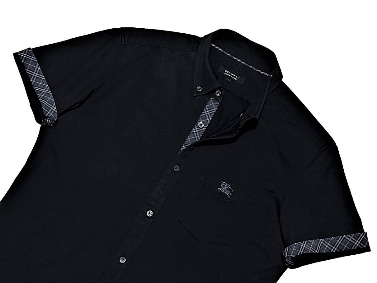 ..! COOLMAX как новый Burberry Black Label шланг вышивка рукав обратная сторона * передний .noba проверка 2WAY BD рубашка с коротким рукавом 3/L чёрный BURBERRY BLACK LABEL