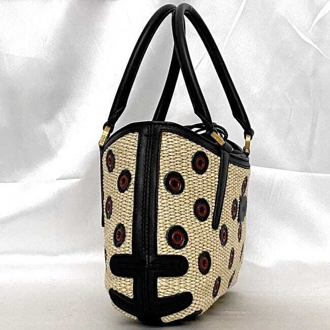 フェンディ ２way バッグ f-22626 ベージュ ブラック 8BN236 美品 ストロー レザー 中古 FENDI