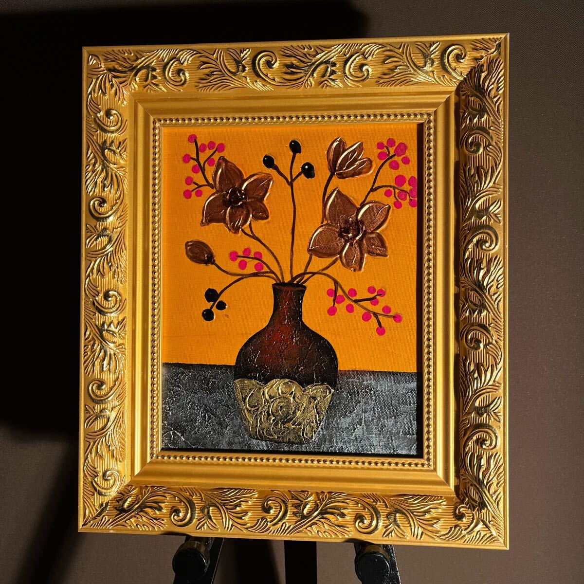 手書き油絵 金の咲く花 額付 絵画 インテリア 油彩画 開運 金運