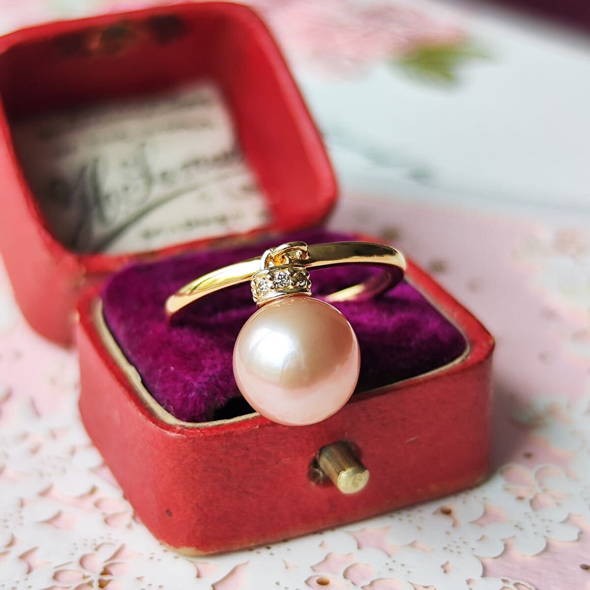 【さくらパール】花の宴 18金リング 有核淡水真珠 天然ダイヤモンド 新品未使用品