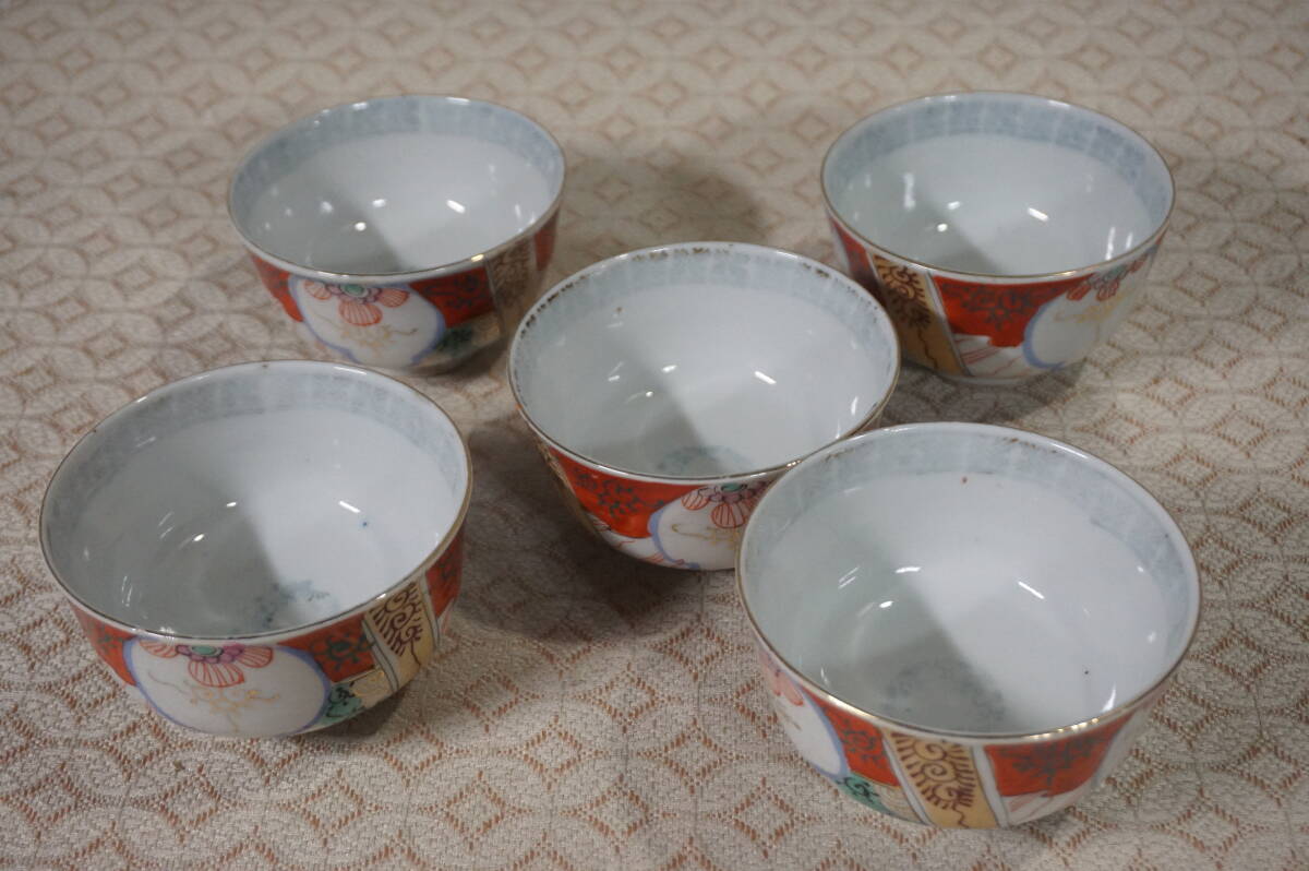 伊万里焼 染付け赤絵 蓋付き茶碗5客 富貴長春 (色絵)｜売買され