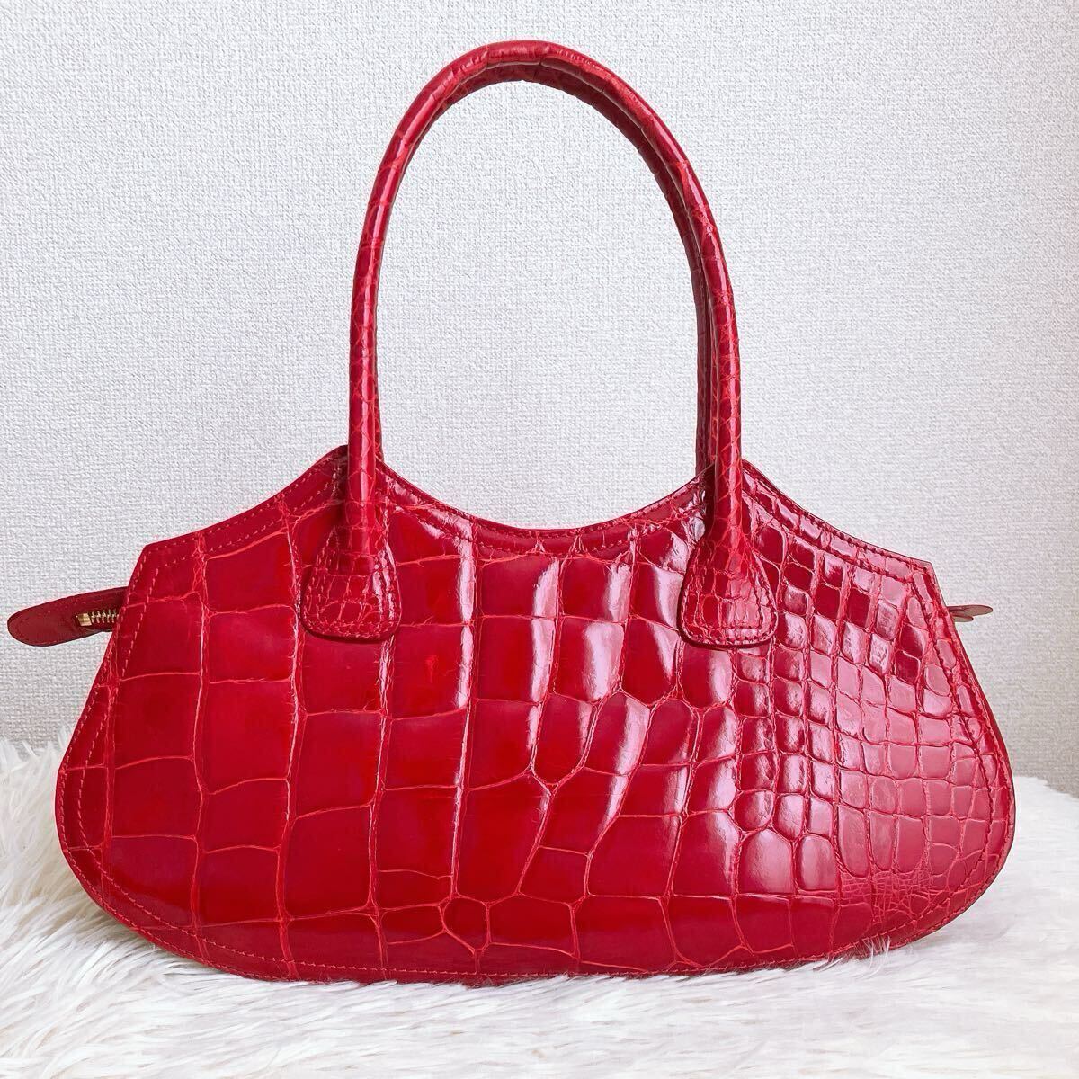 未使用】JRA認定 Crocodile クロコダイル ハンドバッグ レッド 未使用】JRA認定 Crocodile クロコダイル ハンドバッグ レッド