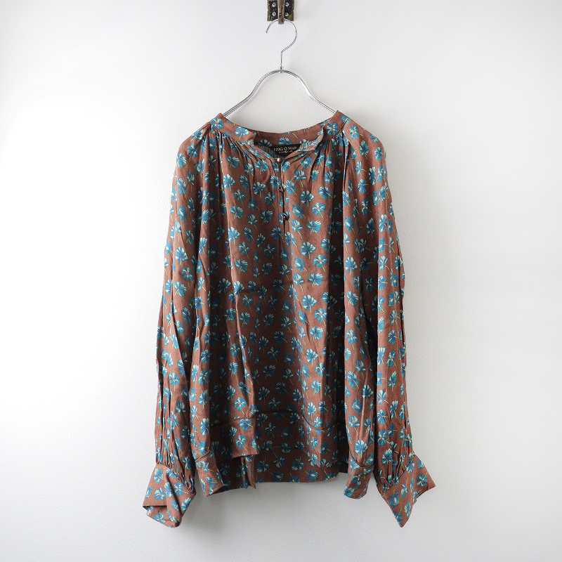 ハグオーワー HUG O WaR フラワープリント スキッパー ギャザー ブラウス /ブラウン トップス 長(zhǎng)袖 【2400014302080】