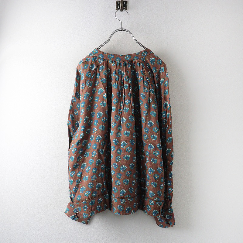 ハグオーワー HUG O WaR フラワープリント スキッパー ギャザー ブラウス /ブラウン トップス 長(zhǎng)袖 【2400014302080】