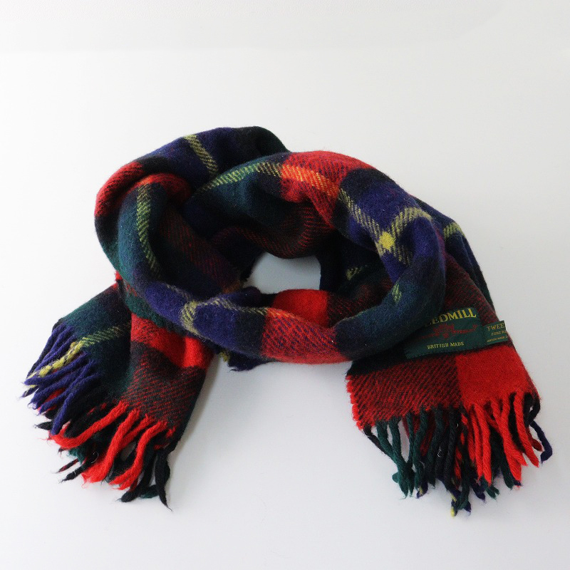 ツイードミル TWEED MILL タータンチェック 大判 フリンジストール/ネイビー系 ショール マフラー【2400014256192】