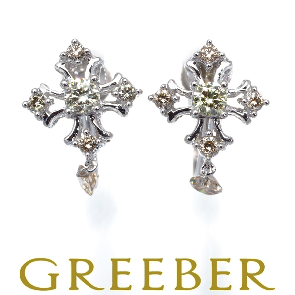 イエロー＆ブラウンダイヤ ダイヤモンド 0.07ct/0.07ct クロス 揺れる イヤリング K18WG GENJ