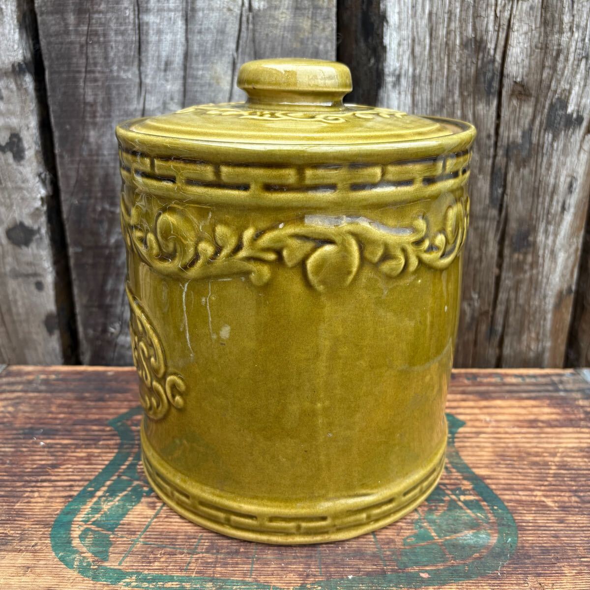 【1970s USA vintage】Monmouth cookie jar クッキージャー 小物入れ グリーン 陶器製 アメリカ ビンテージ