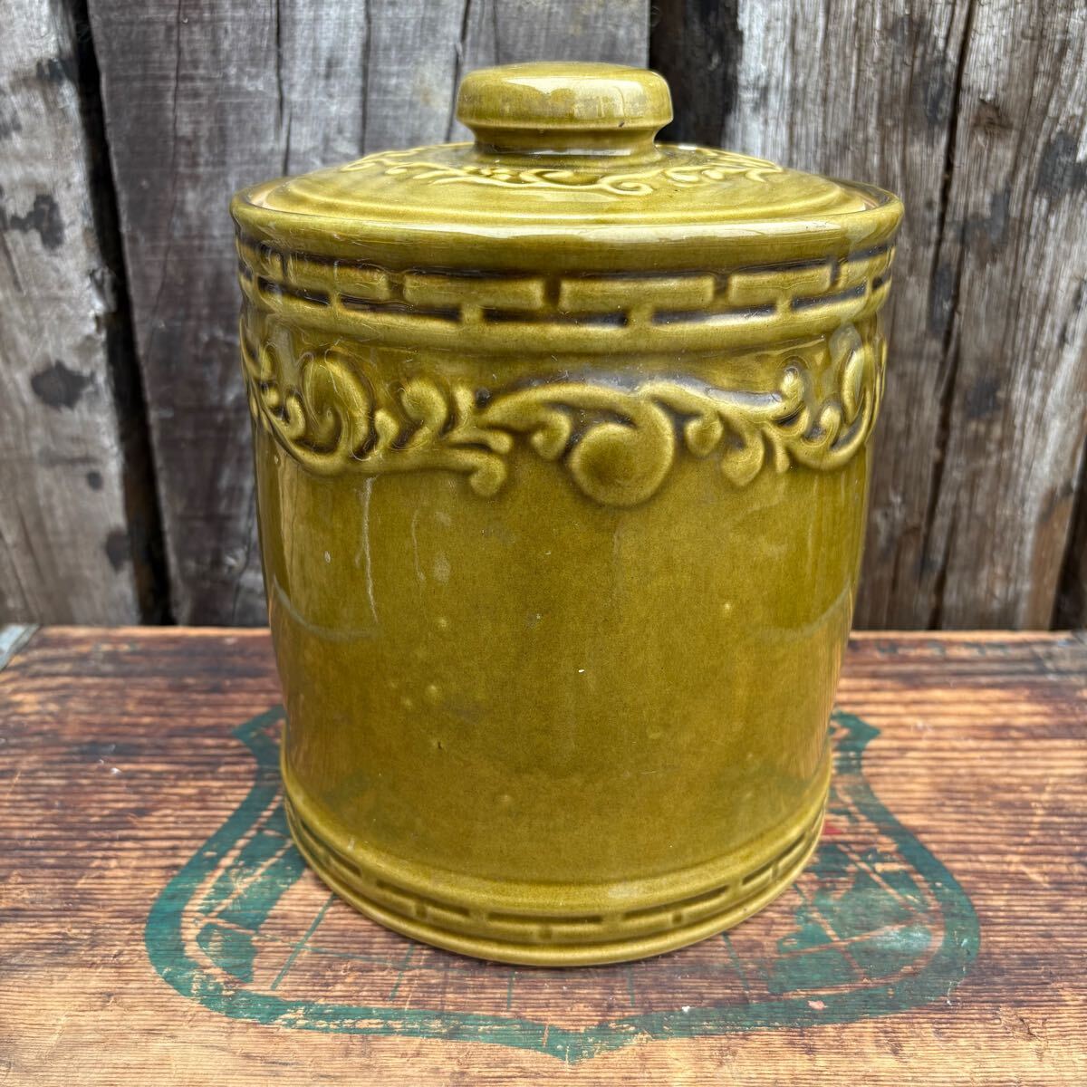 【1970s USA vintage】Monmouth cookie jar クッキージャー 小物入れ グリーン 陶器製 アメリカ ビンテージ