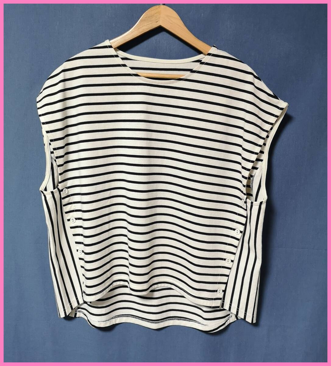ＢＬＳ‐２３２☆春夏☆新品☆送料込み☆即決☆ナチュラル系☆厚手のＴシャツ素材☆Ｍ～Ｌサイズ☆ベスト☆白×黒☆ボタン☆ボーダー柄