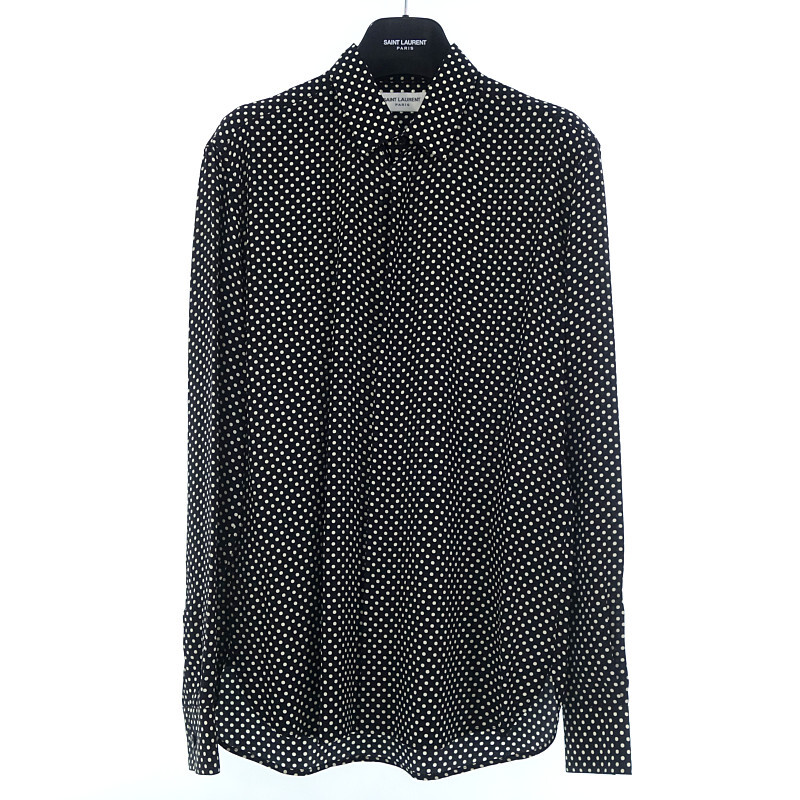 【特別価格】SAINT LAURENT PARIS 23年制 イヴカラーシャツ シルクシャツ ポルカドット ブラック サイズ メンズ38