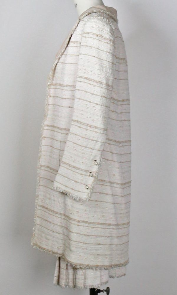 04P CHANEL pear coco buttons tweed coat pleats skirt 36 シャネル パール ココ ボタン ツイード コート プリーツ スカート セット b8907