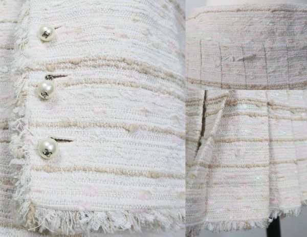 04P CHANEL pear coco buttons tweed coat pleats skirt 36 シャネル パール ココ ボタン ツイード コート プリーツ スカート セット b8907