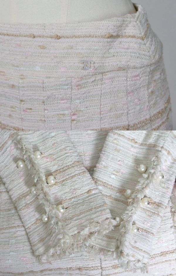 04P CHANEL pear coco buttons tweed coat pleats skirt 36 シャネル パール ココ ボタン ツイード コート プリーツ スカート セット b8907