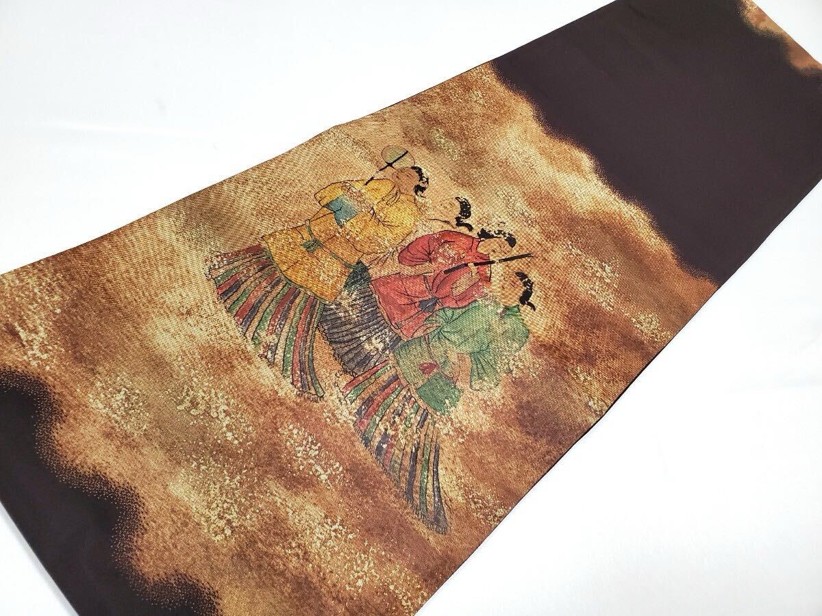 送料無料 高松塚古墳 西壁 女子群像 壁画 ブラウン 太鼓 正絹 洒落帯 カジュアルな袋帯 仕立て上がり リサイクル