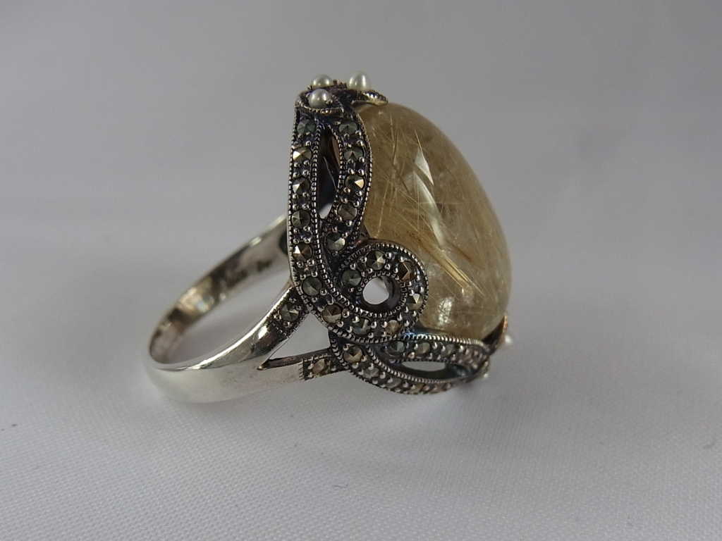 ヴィンテージ?★ag 925 SILVER シルバー 銀製 ルチルクウォーツ シードパール マーカサイト 大ぶりなリング 指輪/USED_画像3