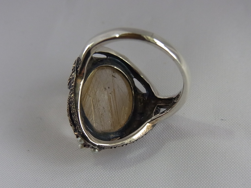 ヴィンテージ?★ag 925 SILVER シルバー 銀製 ルチルクウォーツ シードパール マーカサイト 大ぶりなリング 指輪/USED_画像5