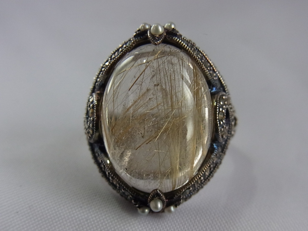 ヴィンテージ?★ag 925 SILVER シルバー 銀製 ルチルクウォーツ シードパール マーカサイト 大ぶりなリング 指輪/USED_画像10