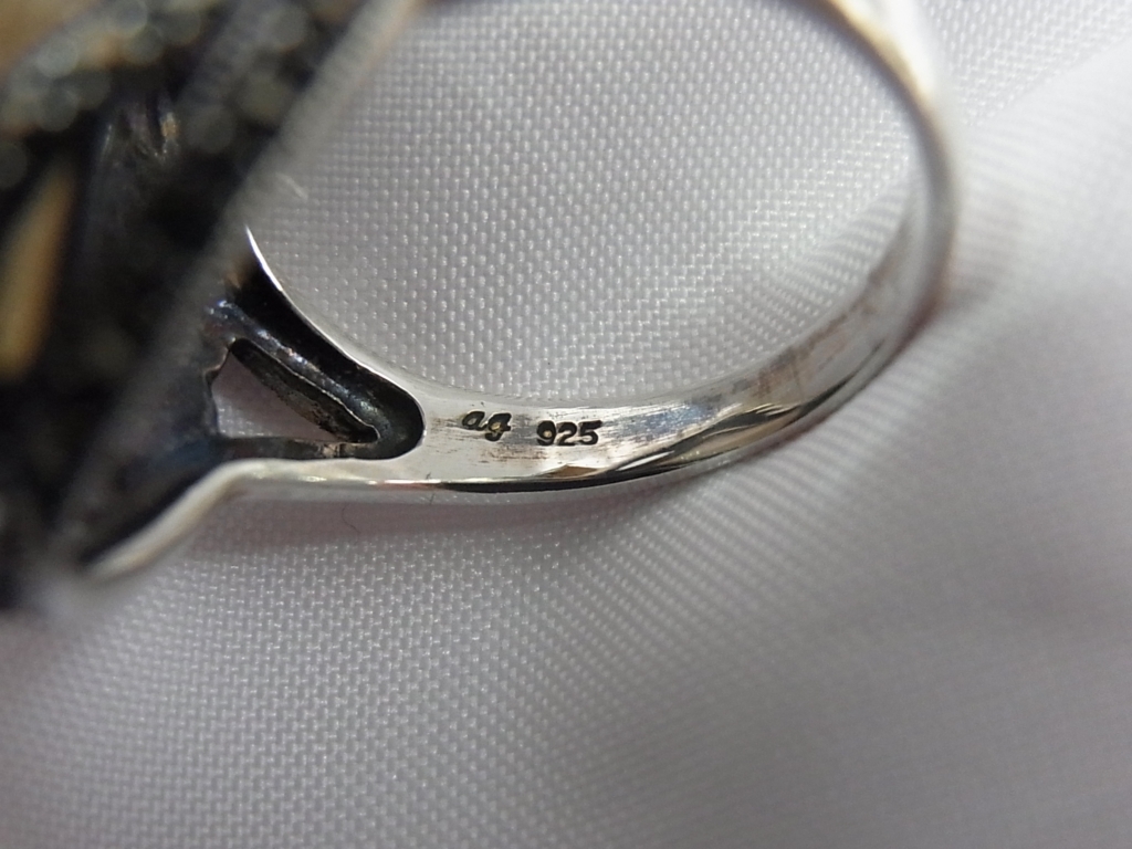 ヴィンテージ?★ag 925 SILVER シルバー 銀製 ルチルクウォーツ シードパール マーカサイト 大ぶりなリング 指輪/USED_画像6