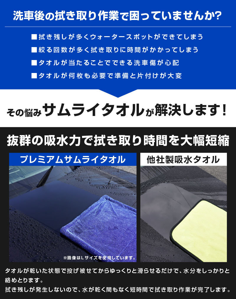 超吸水 プレミアムサムライタオル 両面吸水タイプ Lサイズ 40cm×80cm Sサイズ 30cm×30cm 洗車拭き上げ専用 2枚セット_画像7