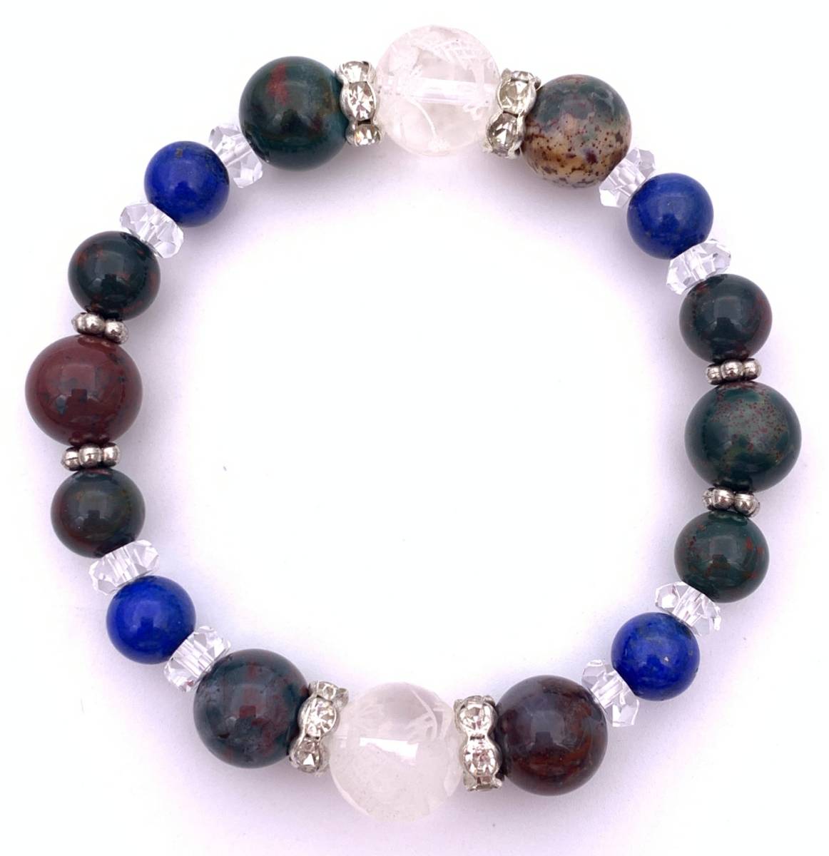 天然石彫り水晶青龍12mm玉＆ブラッドストーン&ラピスラズリのブレスレット