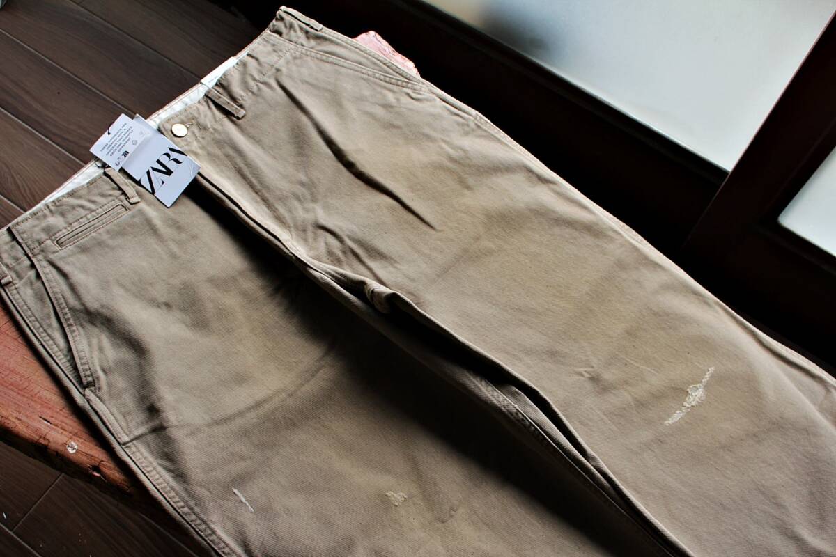 ZARA★/　ワイドフィットチノパンツ新w36~37インチ ベージュ★デッドストック★バギー★ヴィンテージ加工