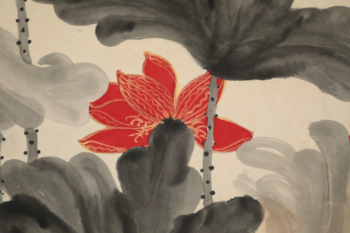 安】中国近時代画家「張大千書」紙本「荷花図」掛軸 中国画 墨寶 安】中国近時代画家「張大千書」紙本「荷花図」掛軸 中国画 墨寶