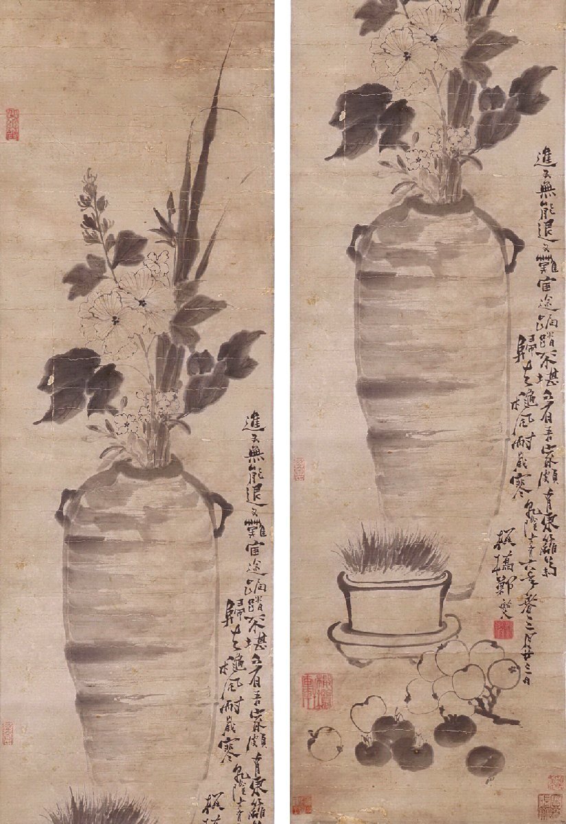 安】中国清時代画家「鄭板橋書」紙本「博古花卉図四条屏」掛軸 安】中国清時代画家「鄭板橋書」紙本「博古花卉図四条屏」掛軸