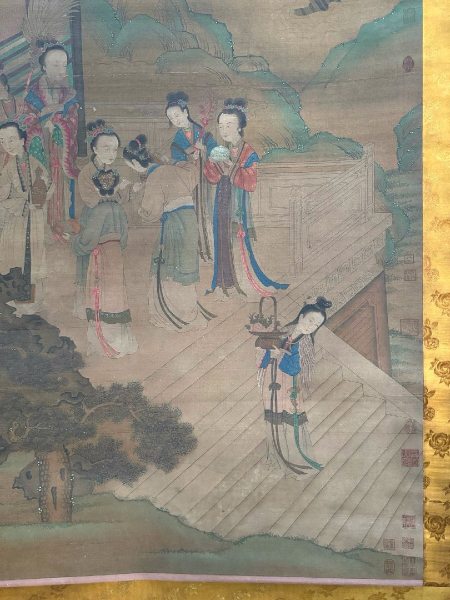 安】中国明時代画家「唐寅書」絹本「林苑雅集仕女図」掛軸 共箱 安】中国明時代画家「唐寅書」絹本「林苑雅集仕女図」掛軸 共箱