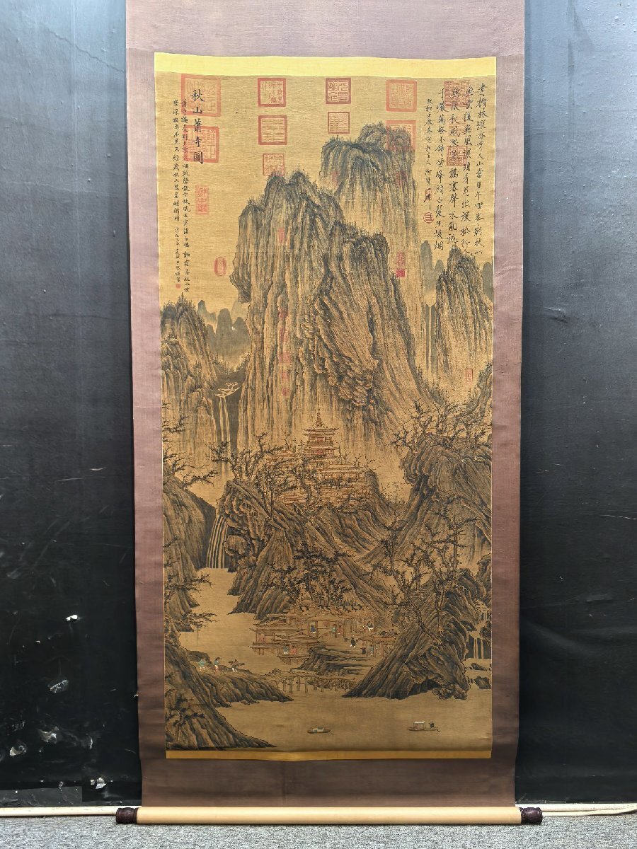 安】中国五代時代画家「巨然書」絹本「秋山蕭寺図」掛軸 中国画
