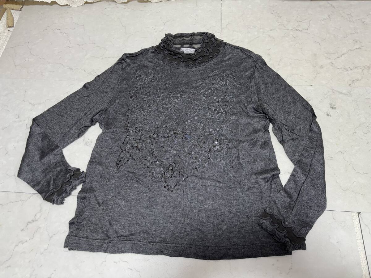 d3255◆serizawa セリザワ　スパンコール刺繍テンセルハイネックカットソーＭ-Lグレー_画像1