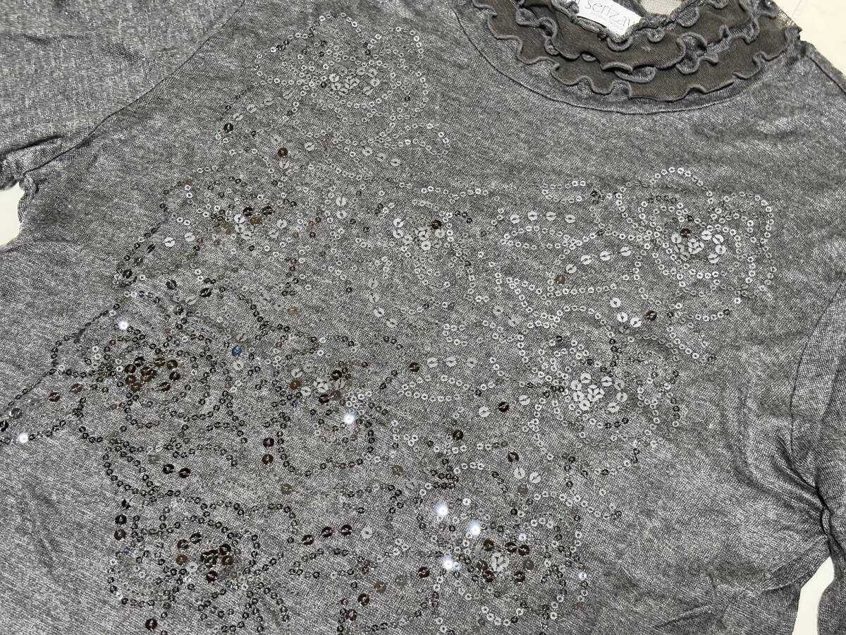 d3255◆serizawa セリザワ　スパンコール刺繍テンセルハイネックカットソーＭ-Lグレー_画像3