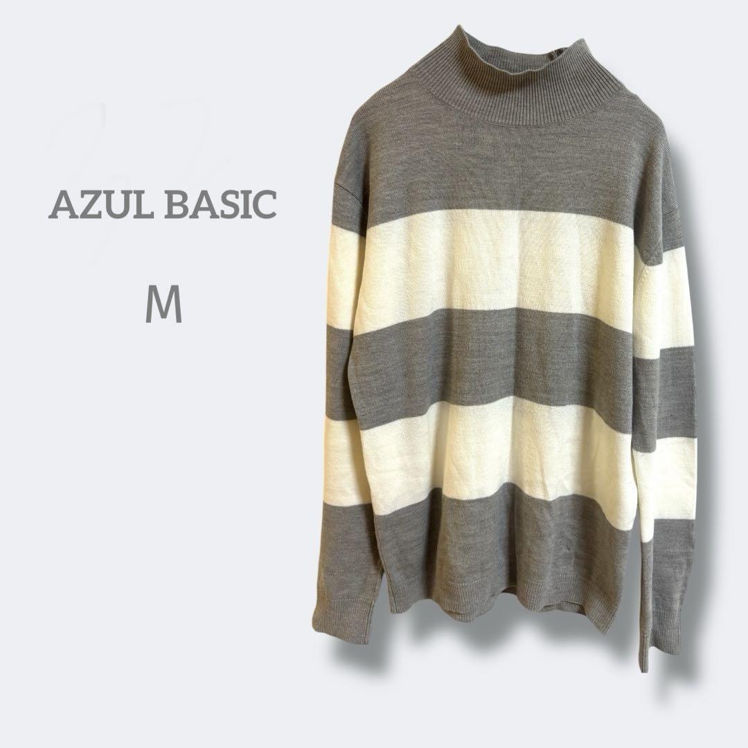 2704アズール【M】ストライプ　タートルネックニット バイカラー　美品_画像1