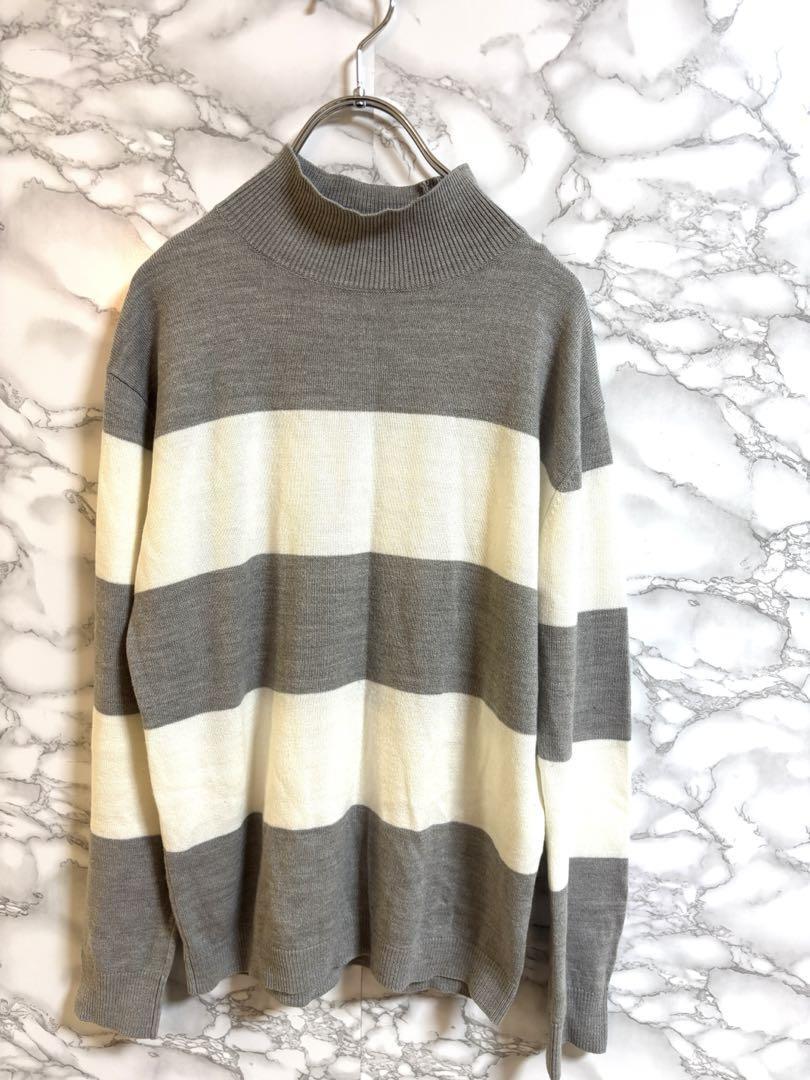 2704アズール【M】ストライプ　タートルネックニット バイカラー　美品_画像2