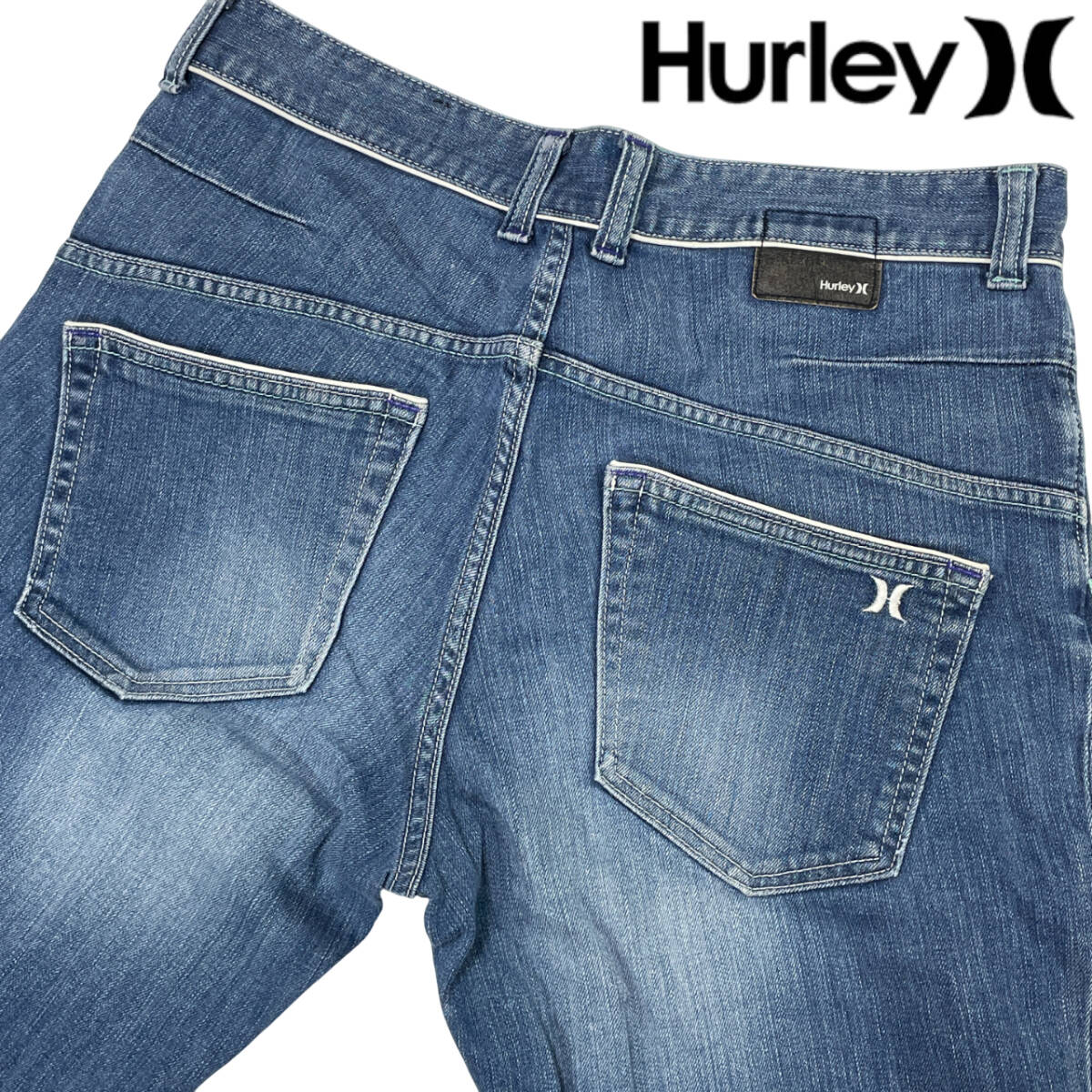 Hurley X ハーレーエックス ピンストライプ デニムパンツ W30 (約83cm W34相當(dāng)) 刺繍 ストレート カットオフ ジーンズ ハーレーX メンズ