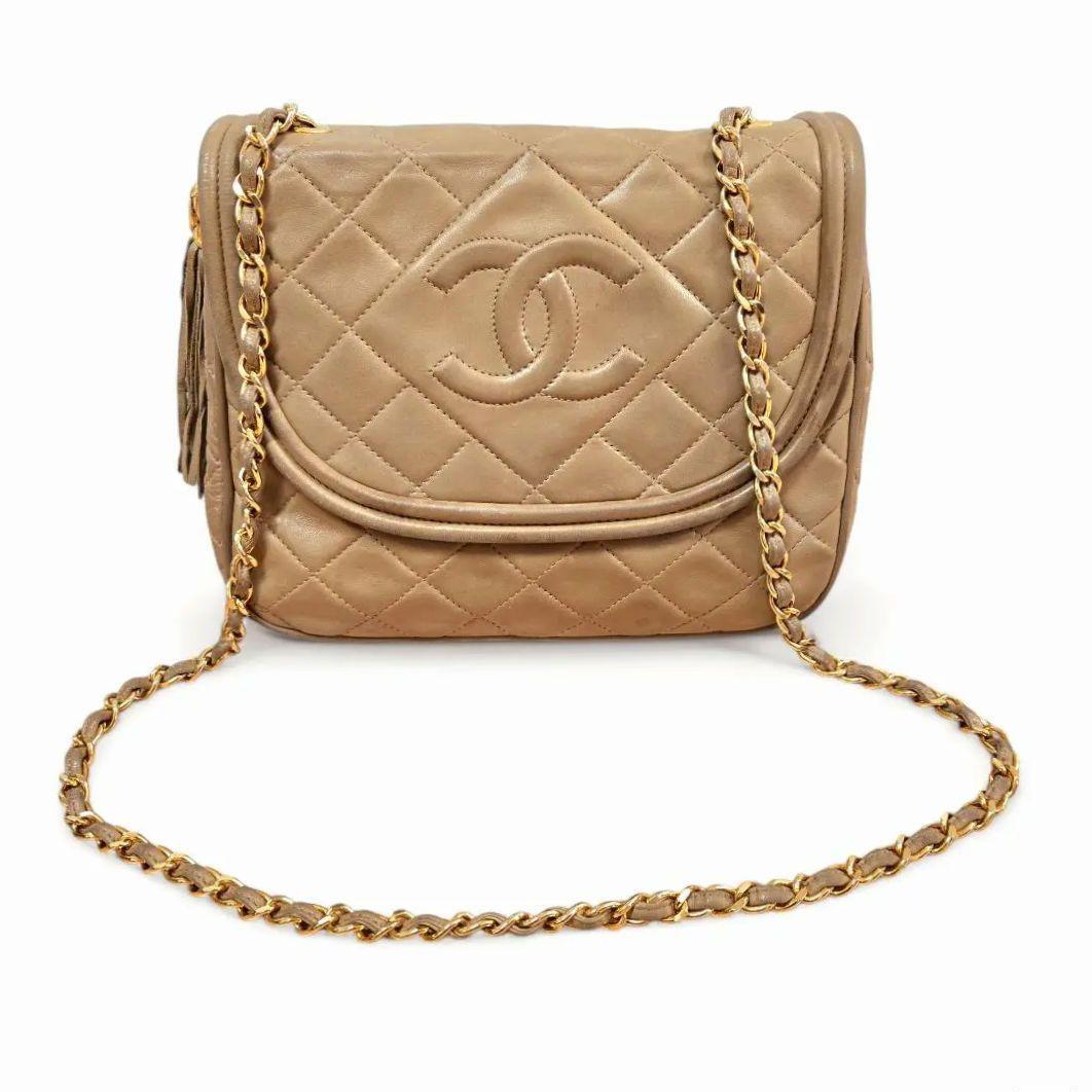 !_ Chanel matelasse овчина цепь сумка на плечо бахрома бежевый 