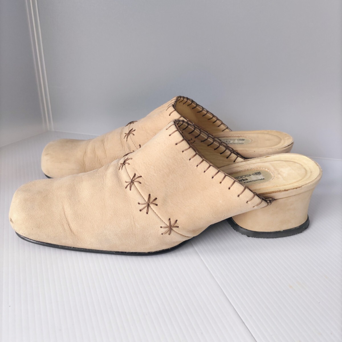 ★ラボキゴシ RABOKIGOSHI★本革スエード ヌバック ミュール/アイボリー 薄ベージュ/23cm/丸型ヒール/送料込